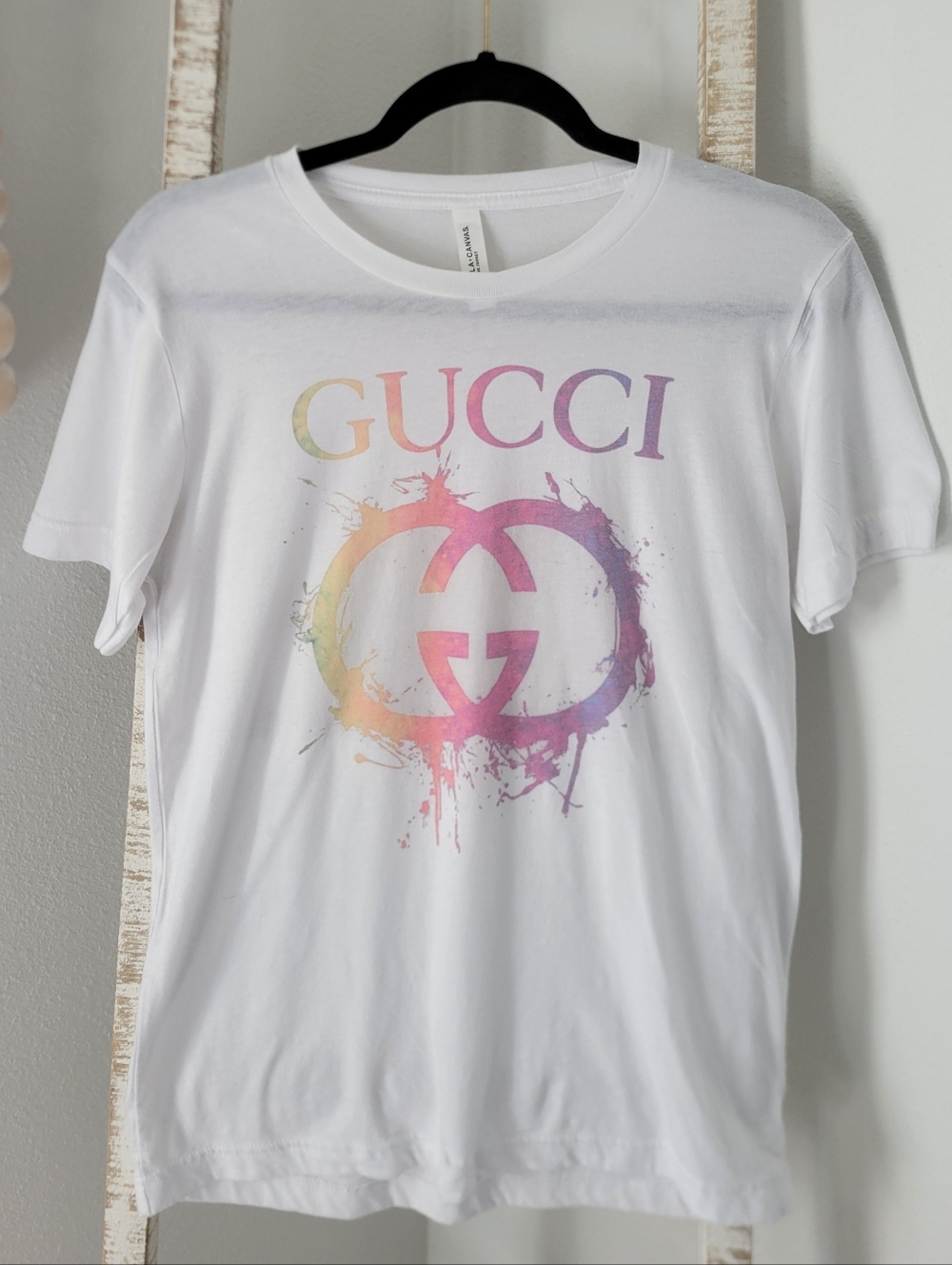 Bella Canvas White Short Sleeve Tee with Pastel Rainbow Gucci Graphic